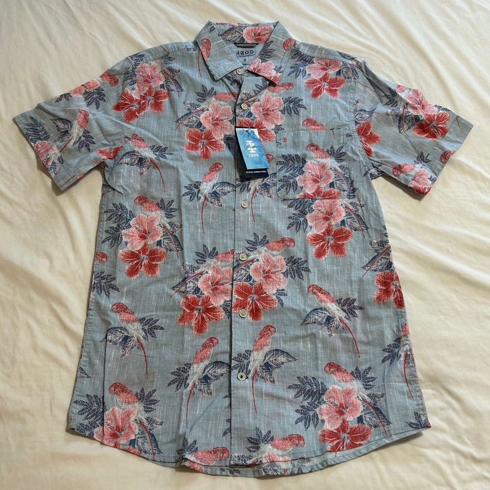 IZOD Saltwater Mens Small Blue Chambray Tropical Parrot Hibiscus Button Up Shirt